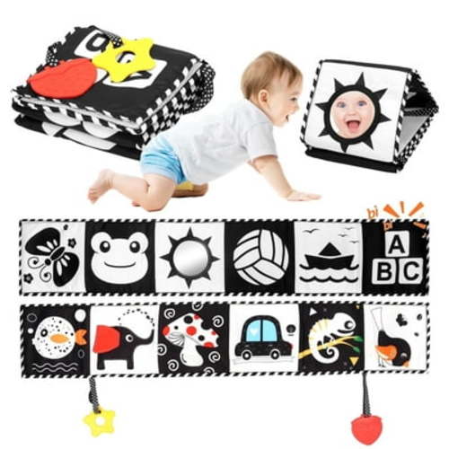 Newborn Toys, High Contrast Baby Books with Teether, Tummy Time Toys,Black and White Baby Toys, 0-6Months Auditory and Visual Stimulation Montessori Toy Gift