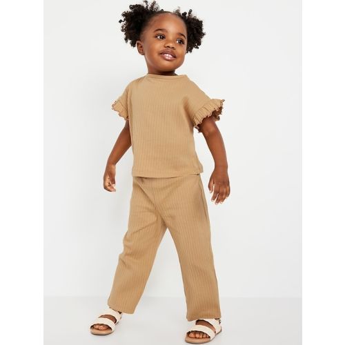 Ribbed Ruffle-Trim Top and Wide-Leg Pants Set for Toddler Girls