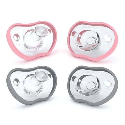 Nanobebe Baby Pacifiers 0-3 Month - Orthodontic, Curves Comfortably with Face Contour, Award Winning for Breastfeeding Babies, 100% Silicone, Baby Registry Gift 4pk,Pink/Grey