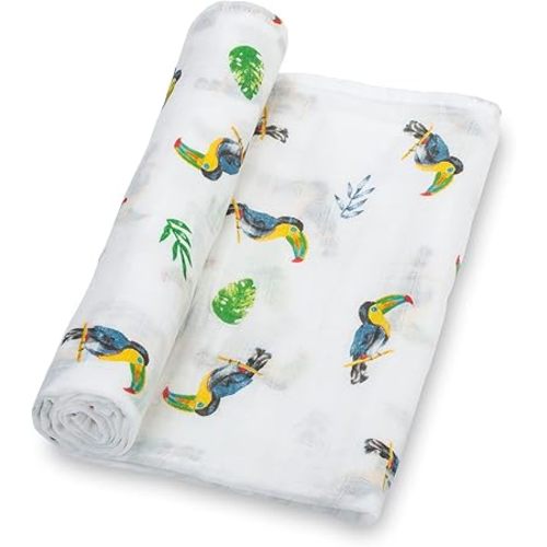 LollyBanks Swaddle Blanket, 100% Cotton Muslin Swaddle Blankets for Boys and Girls, Large 47 x 47 Inches Baby Blanket, Soft and Breathable Receiving Blankets, Registry (Vibrant Tropical Toucan)