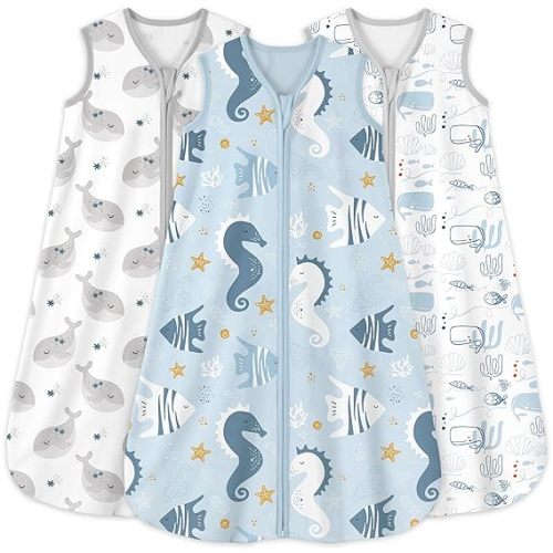 Yoofoss Baby Sleep Sack 6-12 Months 0.5 Tog Wearable Blanket for Baby, 3 Pack 100% Cotton Infant Toddler Sleeping Sack 2-Way Zipper Lightweight Sleepsack - Seabed World - Medium