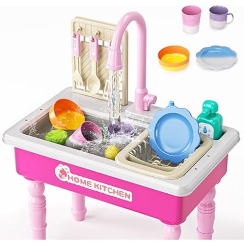 Doloowee Color Changing Kitchen Sink Toys,Electric Dishwasher Playing Toy Play Sink for Kids 3-5 with Running Water,Upgraded Faucet and Play Dishes,Pretend Play Kitchen Toys for Kids Boys Girls(Pink)