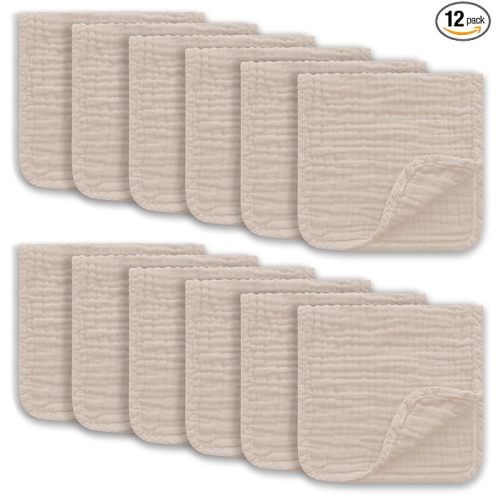 Ease Cubs Muslin Burp Cloths Large 100% Cotton Hand Washcloths for Boys & Girls, Baby Essentials Extra Absorbent and Soft Burping Rags for Newborn Registry (Brown, 12-Pack, 20" X10")