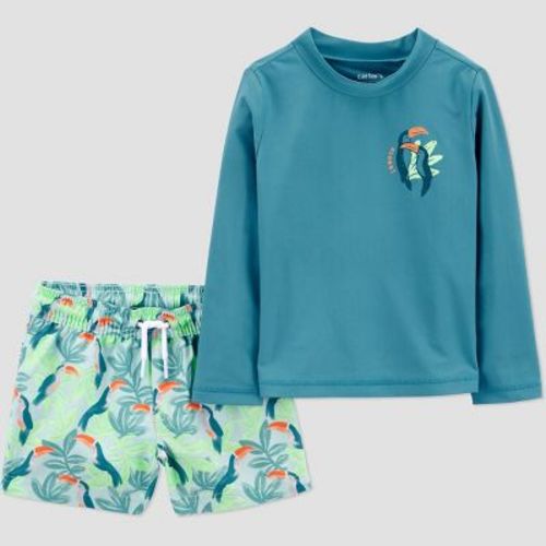Carter's Just One You® Toddler Boys' Long Sleeve Tropical Rash Guard Swimsuit Sets - Teal Blue