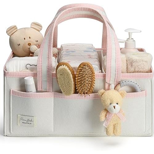 PeraBella XL Diaper Caddy Organizer With Handle, Baby Shower Gifts Basket Bag, Registry Search Must Haves Items, Newborn Girl Boy Nursery Storage Organizer, Baby Bag Essentials, Car Diaper Caddy Cart
