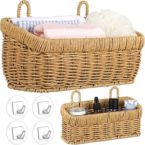 Tioncy 2 Pcs Woven Hanging Wall Baskets for Storage Boho Style Hanging Storage Baskets Plastic Woven Baskets with 4 Hooks for Kitchen Garden Living Room(Light Brown,Imitation Rattan Plastic)