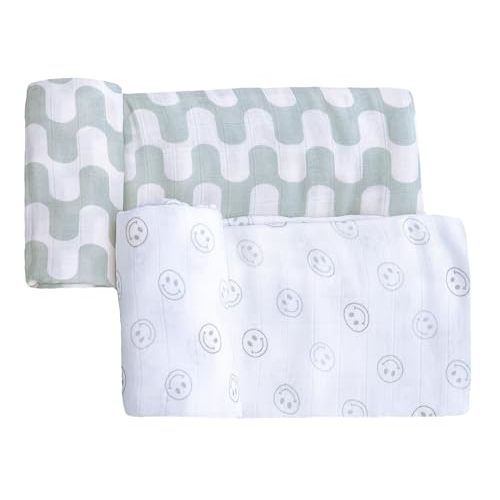 Muslin Swaddle Blankets - Set of 2 Gender Neutral Patterns- Large 47"x47",Organic Cotton & Viscose from Bamboo, Extra Soft Newborn Swaddles, Baby Shower for Boys & Girls (Green Waves & Smileys)