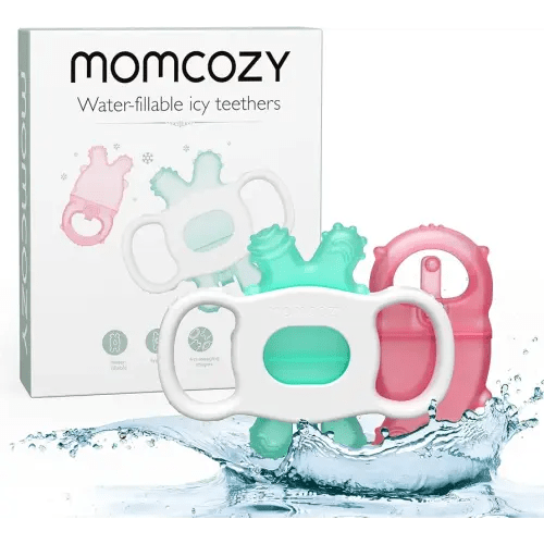 Momcozy Baby Teether Toys, Water Fillable Teether Silicone Cold Teether, Baby Teething Toys Chill Teether, Baby Water Teether for Teething Relief 0-12 Months, Green and Pink 2 Pcs