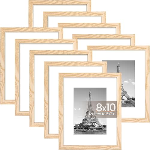 upsimples 8x10 Picture Frame Set of 10, Display Pictures 5x7 with Mat or 8x10 Without, Multi Photo Frames Collage for Wall or Tabletop Display, Natural