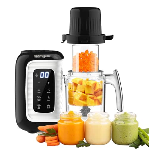 MOMYEASY Baby Food Maker, Multifunction Processor Chopper Grinder, Baby Food Steamer and Puree Blender in-One, with Bottle Warmer, Auto Cooking & Grinding with Touch Control Panel&Self Cleans (Black)