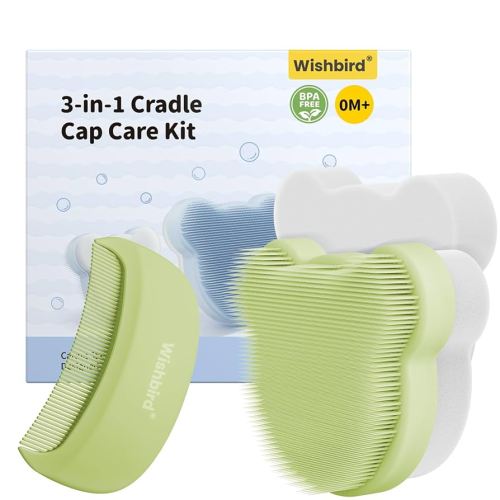 Cloud Baby Cradle Cap Brush Kit, 3-in-1 Baby Bath Brush Set for Newborns with Soft Brush, Curved Comb & Bath Sponge, BPA-Free, Easy to Use | Bath Essentials - Extra Sponge, Serene Green