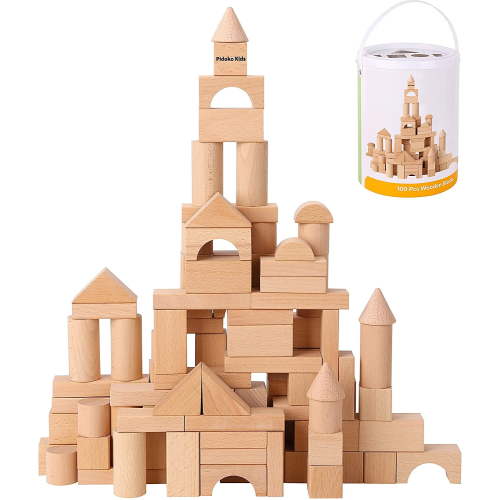 Pidoko Kids Wooden Building Blocks Set - 100 Pcs - Natural Beech Wood - Stacking Blocks with Storage Container