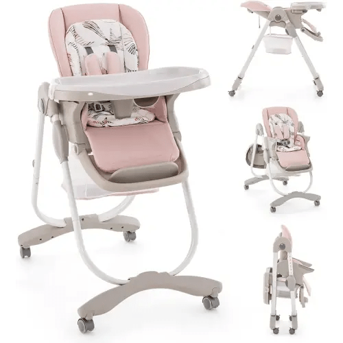 BABY JOY High Chair, Foldable Baby High Chair with Adjustable Height, Recline & Footrest, Double Removable Tray, Storage Basket, Portable Chair with Wheels for Babies & Toddlers (Pink)
