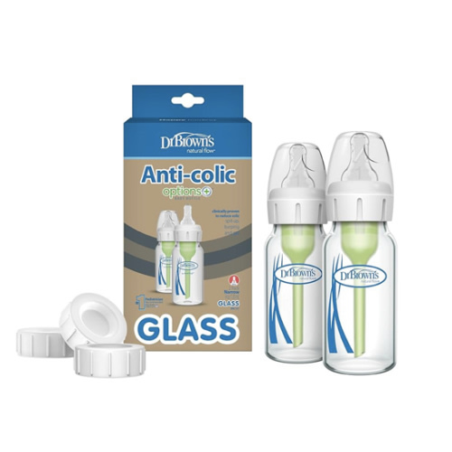 Dr. Brown's Natural Flow Anti-Colic Options+ Narrow Glass Baby Bottle 4 oz/120 mL & Travel and Storage Baby Bottle Caps for Natural Flow and Options+ Baby Bottles - 3-Pack