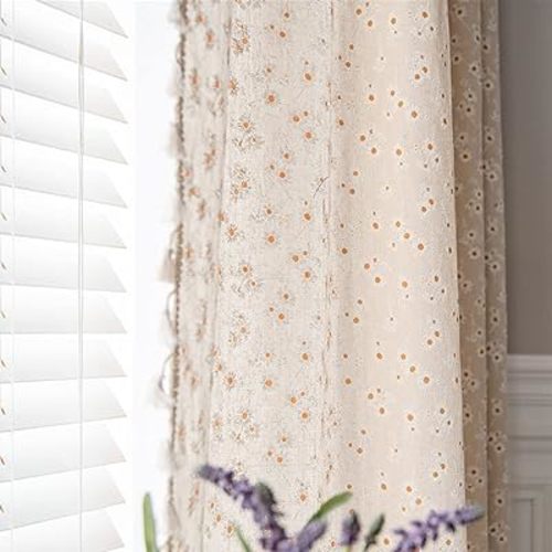 ENJOYBRIDAL Floral Curtains 84 Inch Length 2 Panels Tassel Drapes Rod Pocket Semi-Sheer Boho Daisy Bedroom Living Room Farmhouse Rustic Bohemian Window Curtain Panels