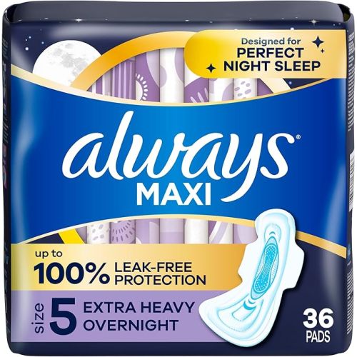 Always Maxi Overnight Pads with Wings for Women, Size 5, Extra Heavy Overnight Absorbency, Unscented, 36 Count (Packaging May Vary)