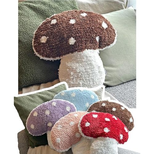Mushroom Throw Pillow Tufted Mushroom Shape Decorative Cushion 15” x 15” – Mushroom Decor for Bed, Couch, Living Room (Brown)