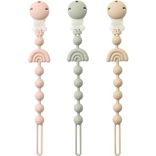 Baby Pacifier Clips One Piece Binky Clip Holder Silicone Teether Clip Pacifier Straps with Clip Baby Teether Toys for Boys and Girls Set of 3 Andy Bear-Ivory+Sage+Blush
