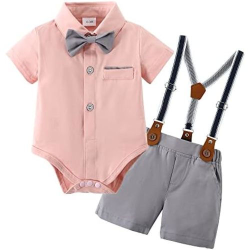 ZOEREA Baby Boy Clothes Suit Infant Short Sleeve Gentleman Outfits Dress Shirt+Bowtie+Suspender Shorts 0-18M