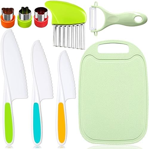 9 Pcs Kids Kitchen Knife Set, Kids Knives For Real Cooking With Cutting Board, Y Peeler, Crinkle Cutter, Sandwich Cutter, Serrated Edges Plastic Toddler Knife Kid Safe Knives