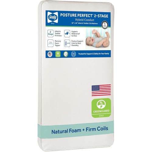 Sealy Baby Posture Perfect Breathable Crib Mattress, GREENGUARD Gold Certified, Made in USA, 2 Stage Hybrid Memory Foam & 150 Premium Coils, Toddler Bed Fit, Safety & Quality Tested, 52x28"