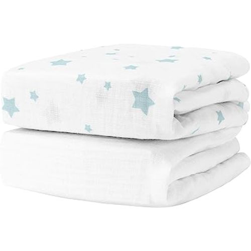 Newton Baby Organic Fitted Crib Sheets (2-Pack) - Ultra Breathable and Soft, 100% Organic Muslin Cotton, Stardust in Moonstone Mist & Solid White, Fits Standard Cribs