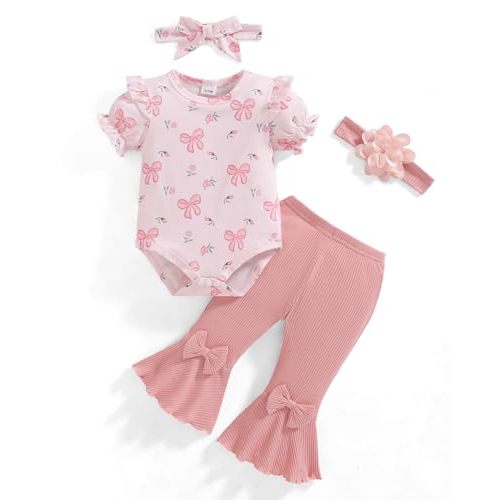 Vibebox Baby Girl Clothes Newborn Preemie Summer Outfits Short Sleeve Ruffle Romper Tops Bell Bottoms Pant Sets with Headband