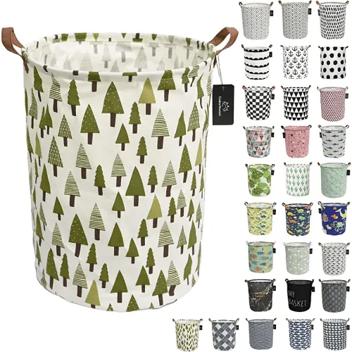 laundry baskets,bedroom hamper,kitchen organization,GodenMoninG 62.8L Waterproof Round Cotton Linen Collapsible storage basket. (Pine Tree)