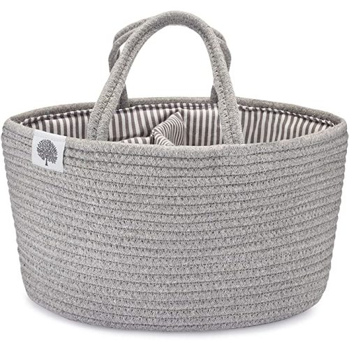 Parker Baby Rope Diaper Caddy Organizer - Nursery Storage Bin and Car Organizer for Diapers and Baby Wipes - Diaper Organizer for Baby Essentials, Baby Shower Gifts - Gray