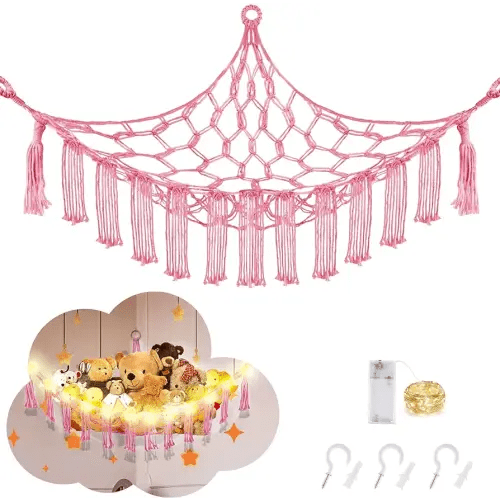 Stuffed Animal Hammock with LED Light, Toy Hammock for Stuffed Animals Storage for Kids Room Decor, Stuffed Animal Hammock Corner, Pink