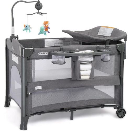 JOYMOR 5 in 1 Baby Bassinet with Changing Table, Besdide Bassinet, Portable Pack and Play with Bassinet, Mattress and Sheet, Toy, Wheels, Carry Bag