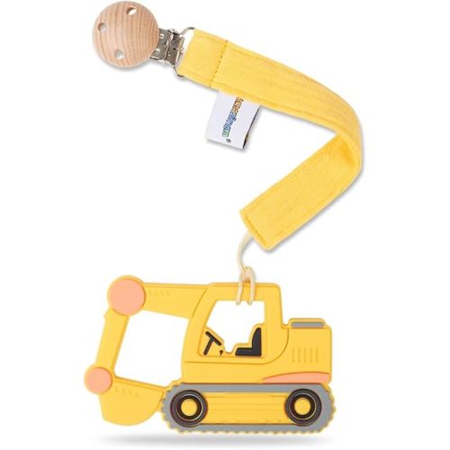 Baby Food Grade Silicone Car Teether Toy with Pacifier clip Holder,Teething Pain Relief Toys Gift Set for 3 Months+ Boys and Girls,Freezer Safe,BPA Free (Excavator, Yellow)
