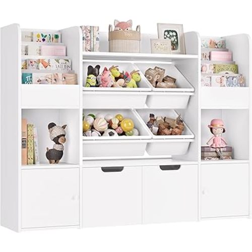 FINETONES 50'' Large Toy Organizer with 4 Bins, 6 Cubbies, 2 Drawers - Kids Bookshelf for Playroom Organization, White