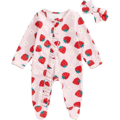 aporake Newborn Girl Clothes Baby Girl Coming Home Outfit Zipper One-piece Outfits Ruffle Footie Bodysuit Jumpsuit Headband