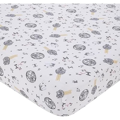 Star Wars May The Force Be with You White and Gold Millennium Falcon and Death Star Nursery Fitted Crib Sheet