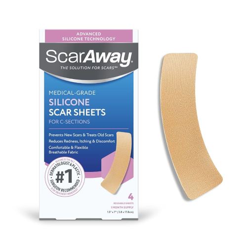 ScarAway Advanced Silicone Scar Sheets for C-Section, Reusable Strips (1.5” x 7”) for Hypertrophic and Keloid Scars from C-Section & Other Surgeries, 4 Sheets