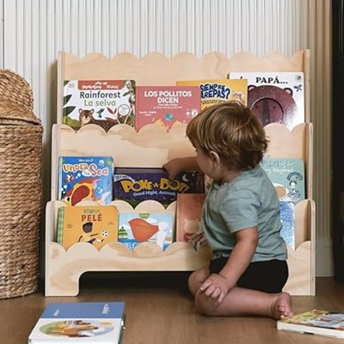 CAALMA Montessori Bookshelf - Kids Bookshelf Wood - Scalloped Book Shelf - Front Facing Bookshelf - Wooden Bookshelf for Kids - Bookshelf for Toddlers - Wood Bookshelf Kids - Child Bookshelf