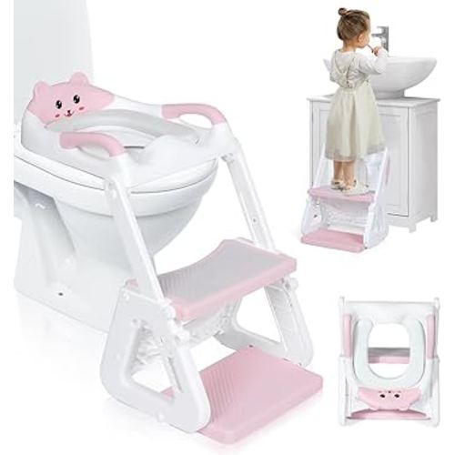 Orzbow 2-IN-1 Potty Training Toilet Seat with Step Stool for Toddler, Stability Training Potty Seat for Kids Boys Girls with Splash Guard and Anti-Slip Pad, Adjustable Ladder & Potty Seat Height, Pink