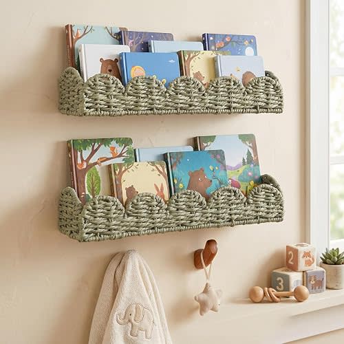 AceOrbit 2 Pcs Floating Bookshelf for Kids Scalloped Handwoven Rattan Floating Nursery Book Shelves Sage Green Boho Nurserywall Mounted Book Shelf for Baby Girls Boys Room Decor
