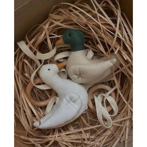 The first rattle for the newborn from natural materials | wooden teether | linen ducks| handmade| gift for baby shower| linen rattle|