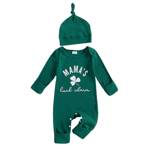 Newborn Baby Boy St. Patricks Day Outfit Knit Mama's Luck Charm Long Sleeve Romper Green Shamrock Jumpsuit Clothes