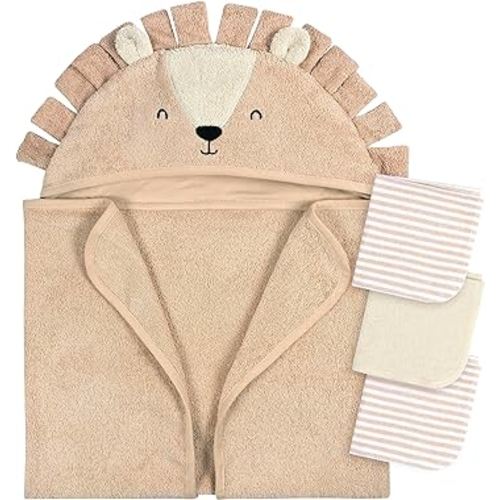 Gerber Baby 4 Piece Animal Character Hooded Towel and Washcloth Set, Brown Lion, One Size