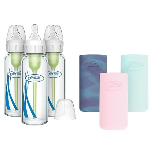 Dr. Brown's Natural Flow Anti-Colic Options+ Narrow Glass Baby Bottle, 8 oz/250 mL, with Silicone Bottle Sleeve, 3 Pack, Glow/Pink/Mint