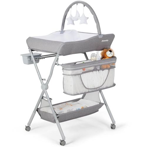 Sweeby Baby Portable Changing Table, Foldable Changing Table Dresser Changing Station for Infant, Waterproof Diaper Changing Table Pad Topper, Mobile Nursery for Newborn Essentials, Light Grey