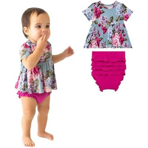 Posh Peanut Two Piece Set - Short Sleeve Peplum Top & Shorts Set - Breathable Viscose from Bamboo Baby Girl Outfits