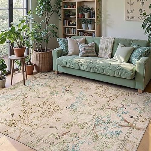 jinchan Yarden Botanical Birds 5x7 Beige Area Rugs for Living Room Washable Non Slip Soft Nature Plants Modern Kids Carpet Vintage Ultra Thin Low Pile Indoor Rug for Bedroom Nursery Playroom