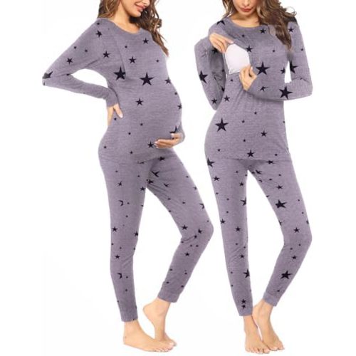 Ekouaer Nursing Pajama Set Long Sleeve Maternity Sleepwear Labor Delivery Pjs Breastfeeding Thermal Underwear Clothes