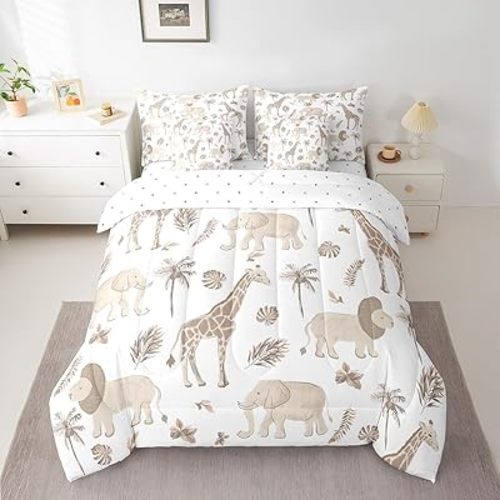 Feelyou Kids Jungle Animals Comforter Set Twin Size Elephant Lion Giraffe Bedding Sets Boys Teens African Safari Animal Bed in a Bag with 2 Pillowcases,Brown