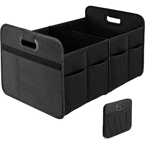 YSSOA Car Trunk Organizer, 2 Compartments Anti-slip 14" D x 22" W x 12" H Collapsible Trunk Storage, 600D Oxford Polyester Car Storage, Suitable for SUV, Minivan, Truck, Black