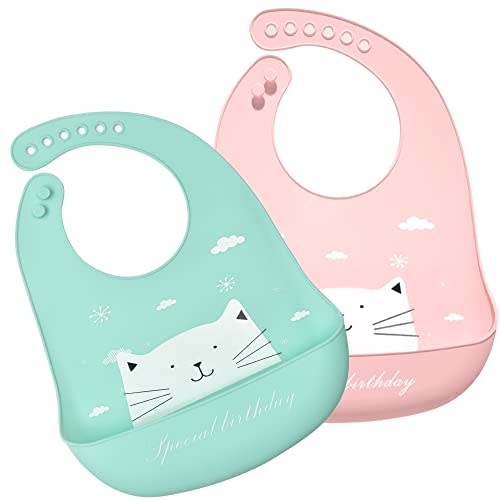 Eimmabey Silicone Bibs for Babies and Toddlers 2 Sets Feeding Bibs for Boy and Girl, Adjustable Soft Waterproof Bibs